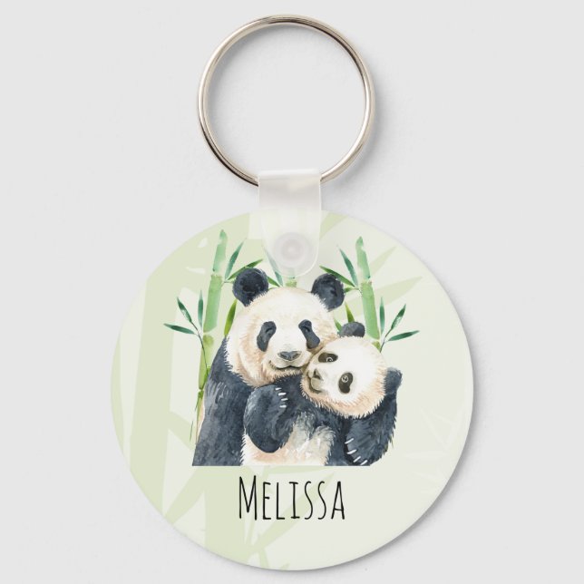 Cute Panda Bears Cuddling Watercolor Keychain (Front)