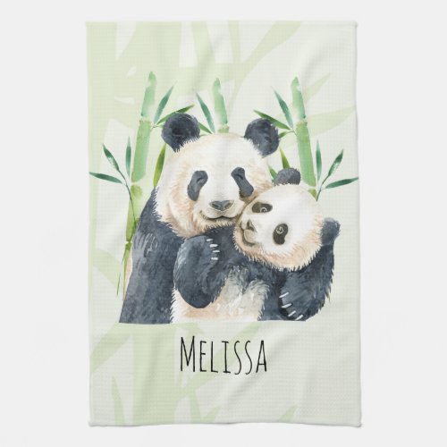 Cute Panda Bears Cuddling Watercolor Kitchen Towel