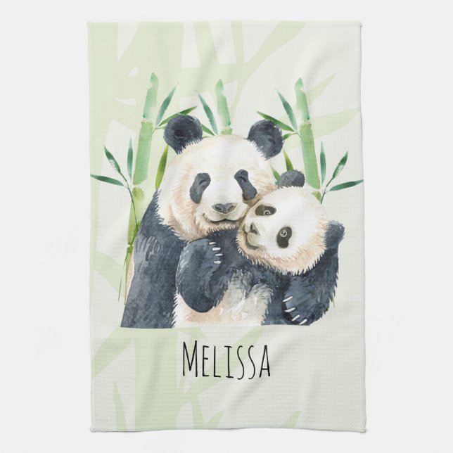 Cute Panda Bears Cuddling Watercolor Kitchen Towel (Vertical)