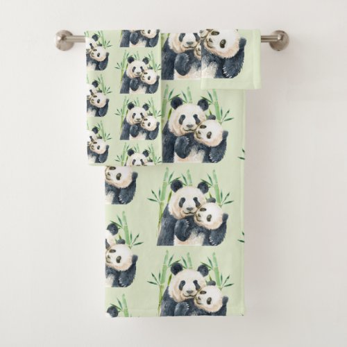 Cute Panda Bears Cuddling Watercolor Pattern Bath Towel Set
