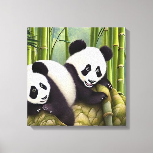 Cute Panda Bears In Bamboo Forest Canvas Print