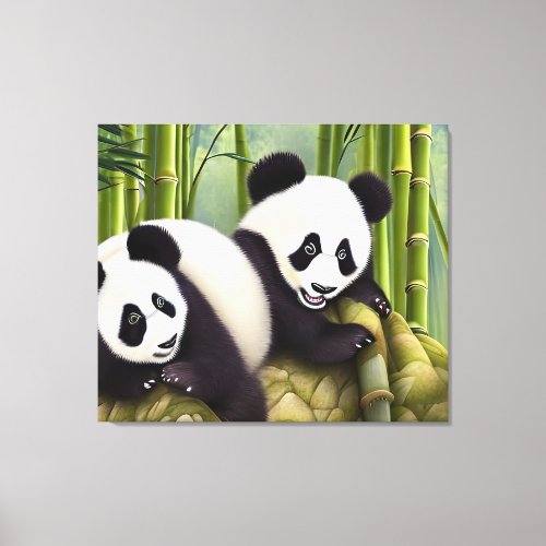 Cute Panda Bears In Bamboo Forest Canvas Print