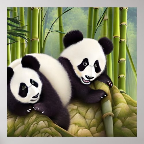 Cute Panda Bears In Bamboo Forest Poster