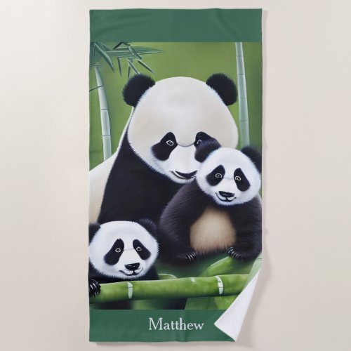 Cute Panda Bears Mother And Cubs Monogram Bath Tow Beach Towel