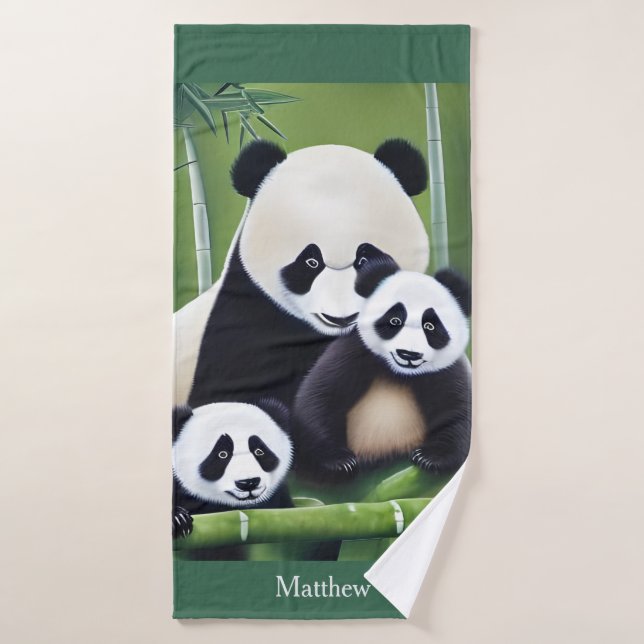 Cute Panda Bears Mother And Cubs Monogram Bath Towel (Bath Towel)