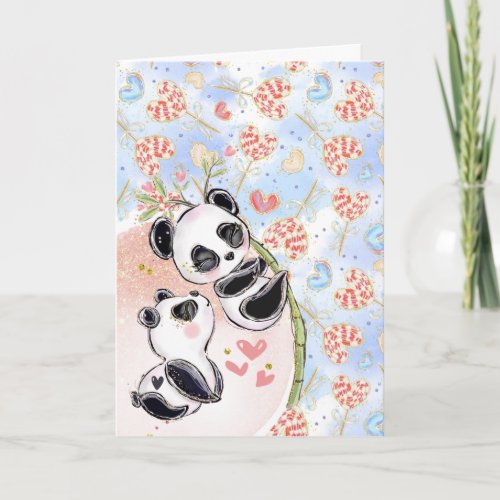 Cute panda bears on bamboo couples romantic love card