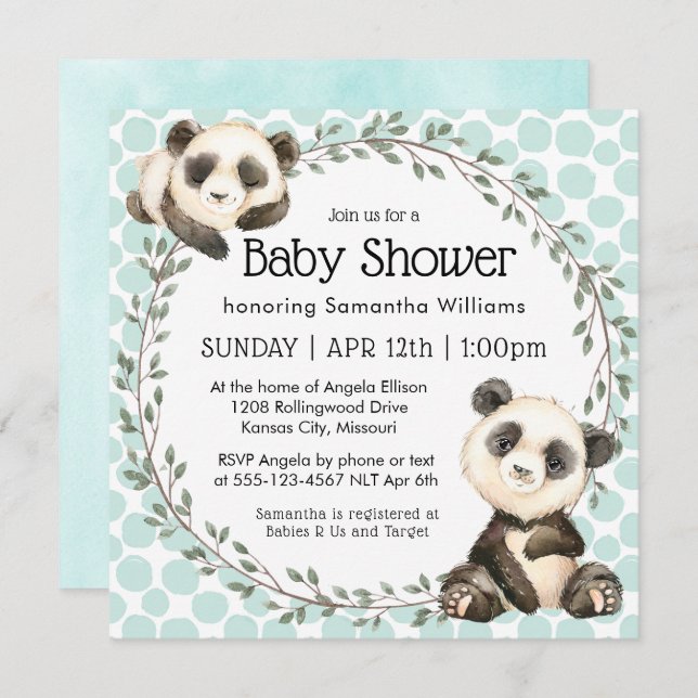 Cute Panda Bears Square Baby Shower Invitation (Front/Back)
