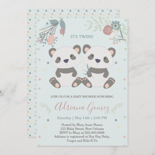 Cute Panda Bears Twins Baby Shower Invitation