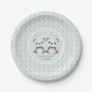 Cute Panda Bears Twins Baby Shower Paper Plates