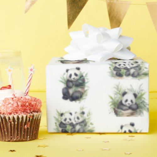 Cute Panda Bears With Bamboo Leaves Wrapping Paper