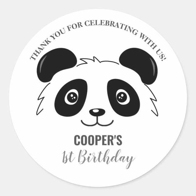 Cute Panda Birthday Baby Party Black and White Classic Round Sticker (Front)
