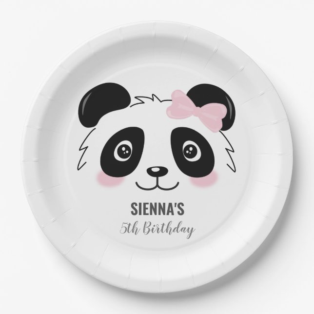 Cute Panda Birthday Baby Party Pink Black White Paper Plates (Front)