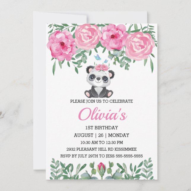 Cute Panda Birthday Invitation Pin Water Color     (Front)