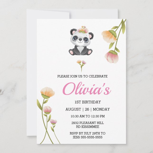 Cute Panda Birthday Invitation Pin Water Color     (Front)