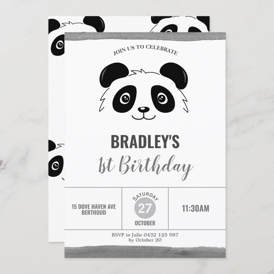 Cute Panda Birthday Party Black and White Invitation | Zazzle