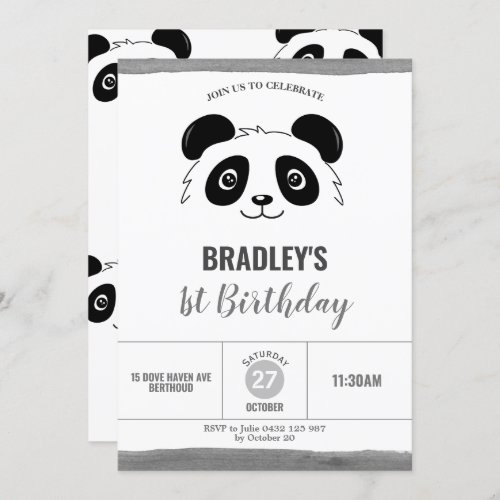 Cute Panda Birthday Party Black and White Invitation
