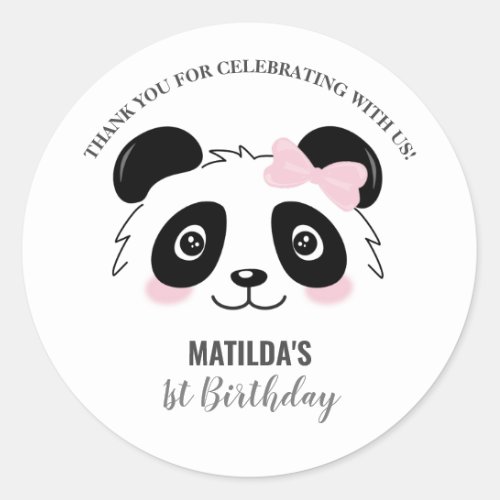Cute Panda Birthday Party Pink Black and White Classic Round Sticker