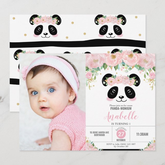 Cute Panda Birthday Party Pink Floral Photo Invitation (Front/Back)