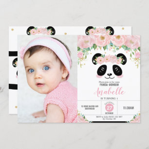 Cute Panda Birthday Party Pink Floral Photo Invitation