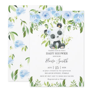 Cute Panda Blue Floral Greenery Baby Shower  Invitation