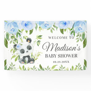Cute Panda Blue Floral Greenery Bamboo Backdrop Banner