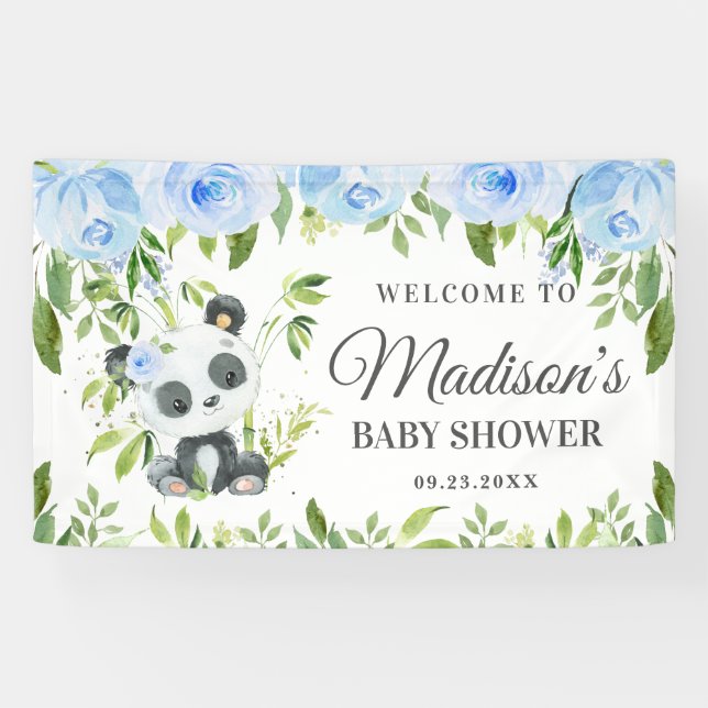 Cute Panda Blue Floral Greenery Bamboo Backdrop Banner (Horizontal)