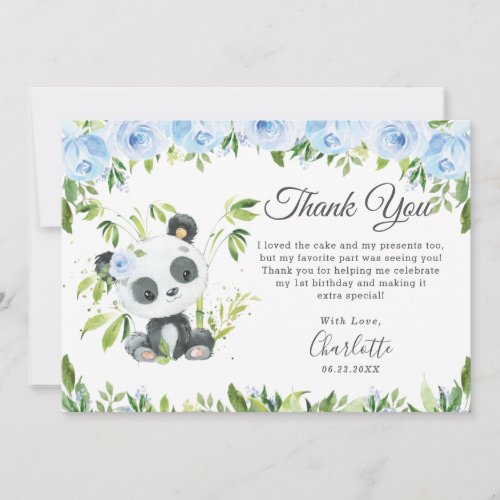 Cute Panda Blue Floral Greenery Birthday Party Thank You Card