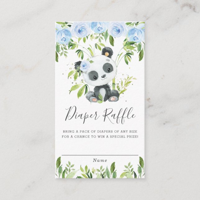 Cute Panda Blue Floral Greenery Diaper Raffle Enclosure Card (Front)