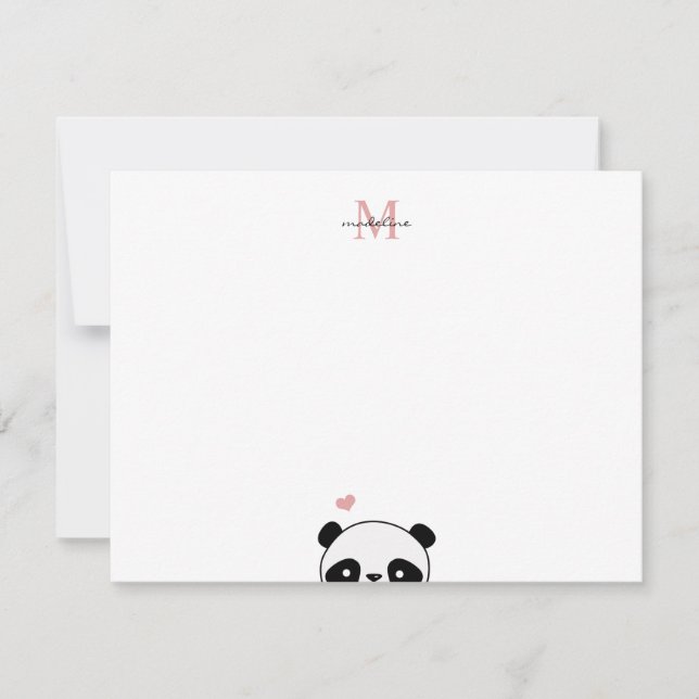 Cute Panda Blush Pink Monogram Script Note Card (Front)