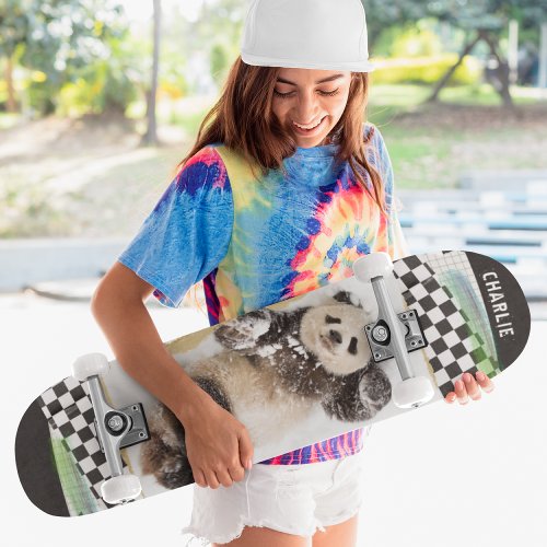 Cute Panda Checkered Modern Collage Custom Name Skateboard