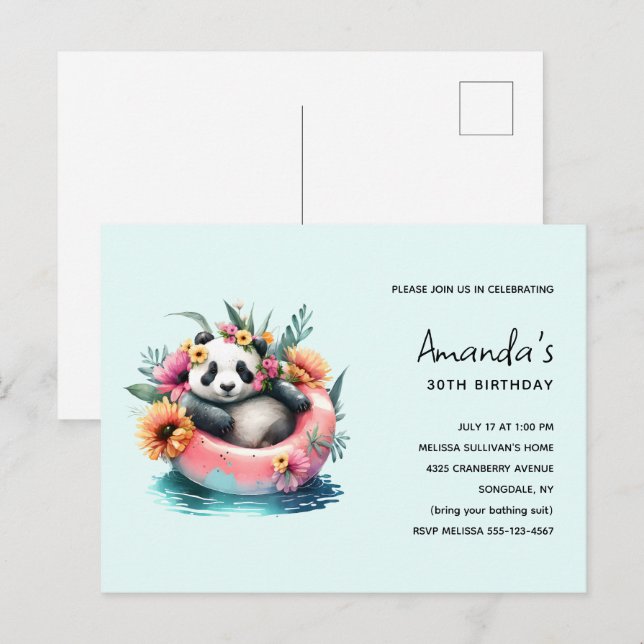Cute Panda Chilling in an Inner Tube Birthday Invitation Postcard (Front/Back)