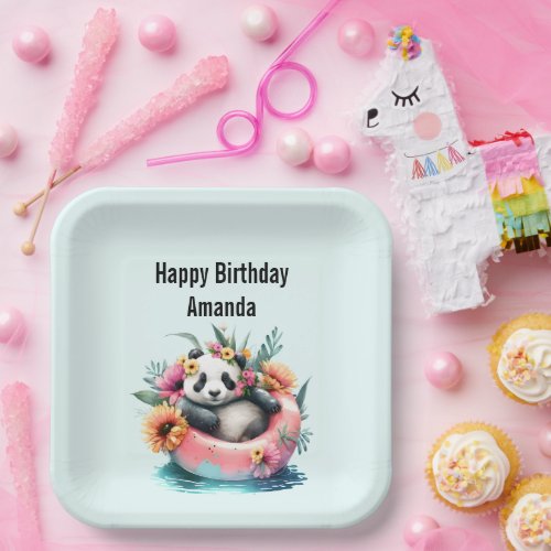 Cute Panda Chilling in an Inner Tube Birthday Paper Plates