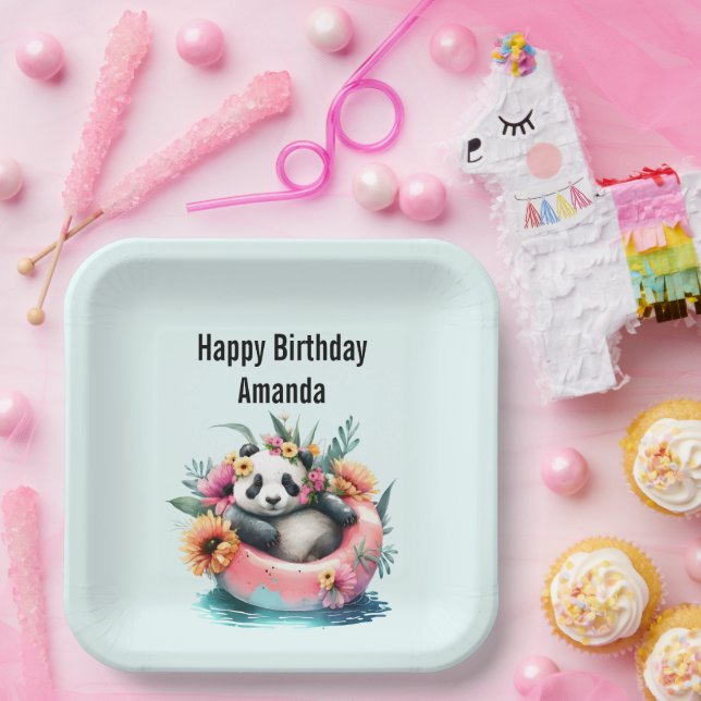 Cute Panda Chilling in an Inner Tube Birthday Paper Plates (Party)