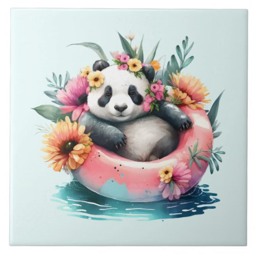 Cute Panda Chilling in an Inner Tube Ceramic Tile