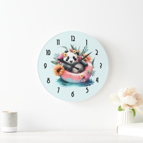 Cute Panda Chilling in an Inner Tube Large Clock