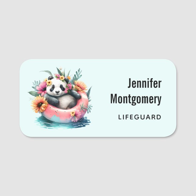 Cute Panda Chilling in an Inner Tube Lifeguard Name Tag (Front)