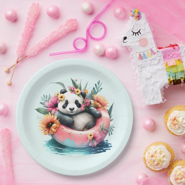 Cute Panda Chilling in an Inner Tube Paper Plates (Party)