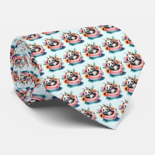 Cute Panda Chilling in an Inner Tube Patterned Neck Tie