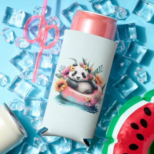Cute Panda Chilling in an Inner Tube Seltzer Can Cooler