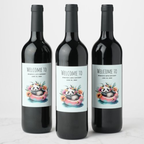 Cute Panda Chilling in an Inner Tube Welcome Wine Label