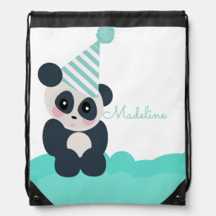 Cute Panda Clouds Monogrammed Script Drawstring Bag