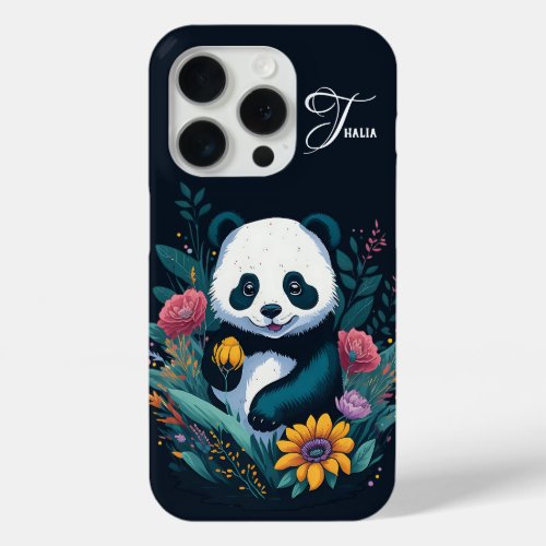 Cute Panda Colorful Flowers Personalized Name iPhone 15 Pro Case