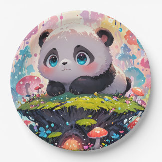 Cute Panda Cub in a Forest of Mushrooms Paper Plates