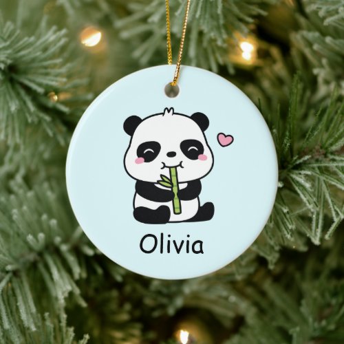 Cute Panda Cub Munching On Bamboo Kids Name Ceramic Ornament