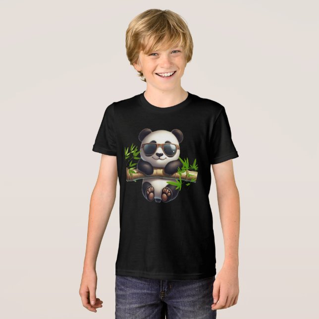 Cute panda cub wearing glasses hanging from a bamb Tri-Blend shirt (Front Full)