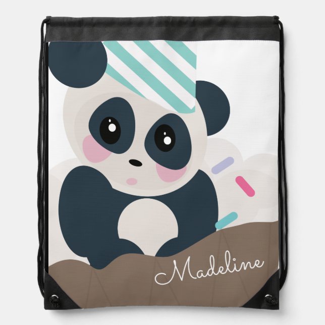 Cute Panda Cupcake Monogrammed Script   Drawstring Bag (Front)