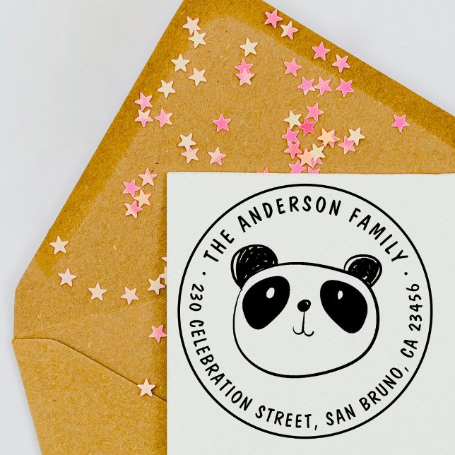Cute Panda Custom Family Name Round Return Address Self-inking Stamp (Creator Uploaded)