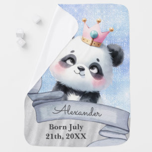 Cute Panda Custom Name and Birth Blue Baby Blanket