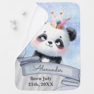 Cute Panda Custom Name and Birth Blue Baby Blanket