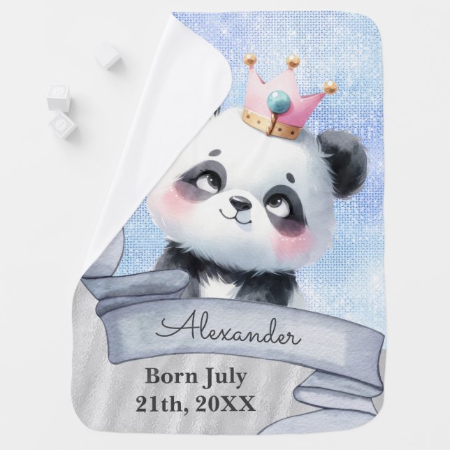Cute Panda Custom Name and Birth Blue Baby Blanket (In Situ)